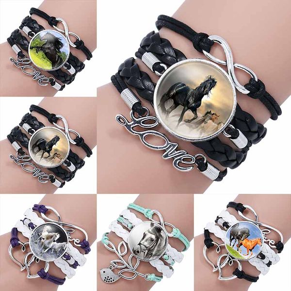 Fashion Horse Glass Cabochon Infinito Love Leather Bracelet para meninas Mulheres filme Tempo Gemstone Handmade Men Hip Hop Jewelry Drop Ship