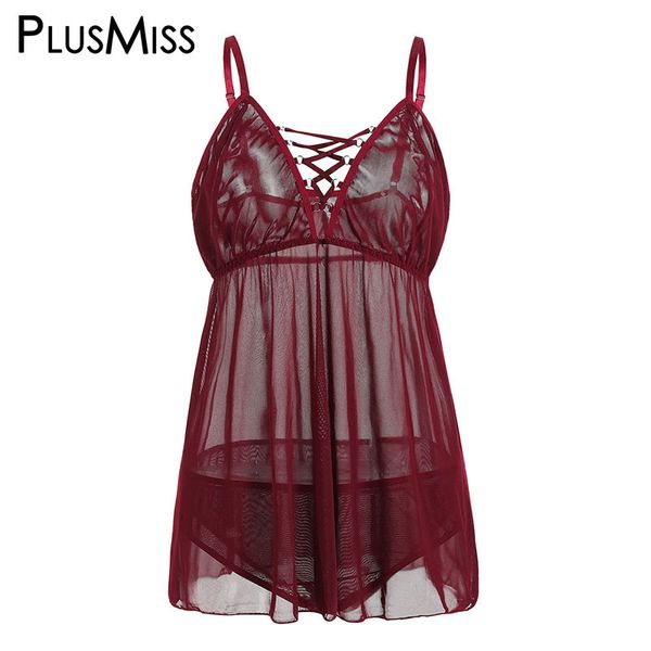 PlusMiss Plus Size Preto Sexy Babydoll Hot Erotic Sex Lingerie Vestido Traje Transparente Ver Através Boneca Chemise Tamanho Grande Y18102206