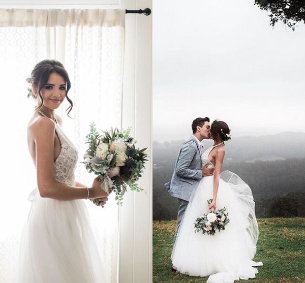 

bohemian tulle halter wedding dresses vestido de noiva 2019 new custom sweep train a-line backless lace garden bridal gowns w1029, White