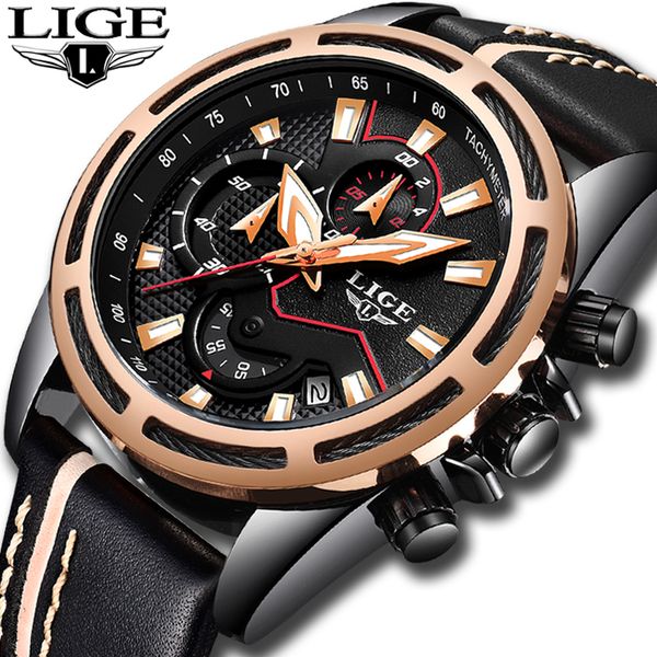 

relojes hombre 2018 new lige fashion brand watch men waterproof business quartz clock chronograph leather dress watches, Slivery;brown