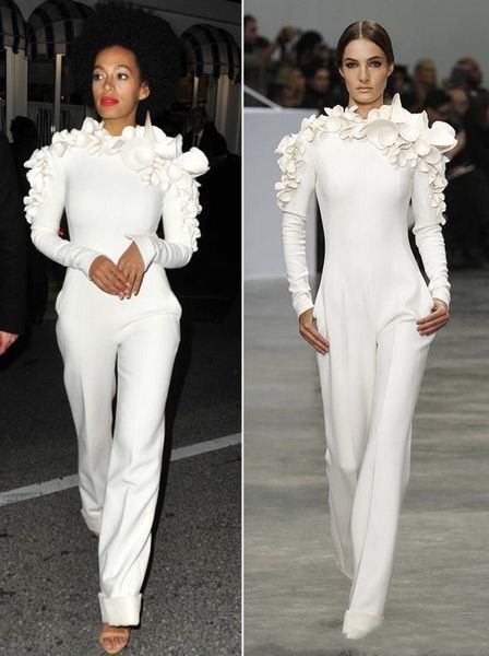 

New Arrival Celebrity Dresses 2019 White Leg Jumpsuit Long Sleeves High Neck with Flowers Formal Party prom Evening Dresses Custom Made