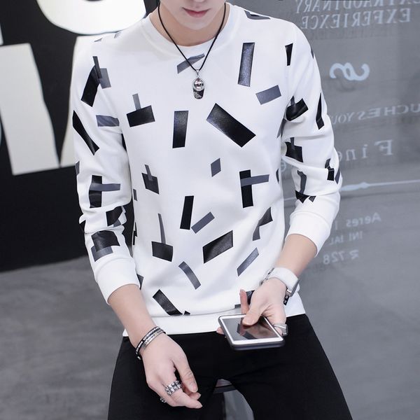 

spring and autumn new men's long sleeve crew space cotton tide teenagers korean version of slim personality print men's hoodies, Black