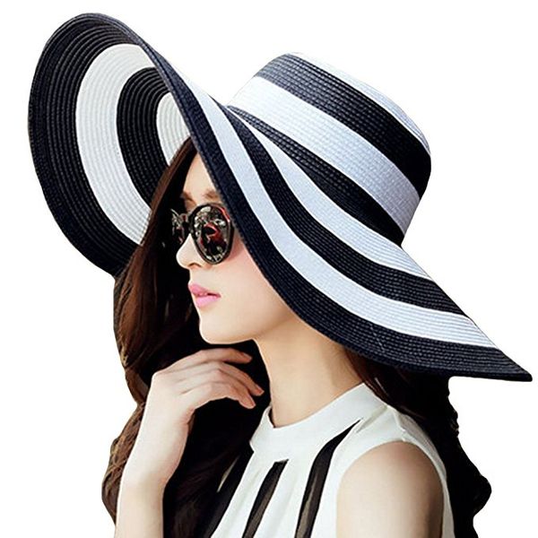 

women's foldable big brim striped straw sun hat wide large brim cap summer travel beach floppy hats sun protection, Blue;gray