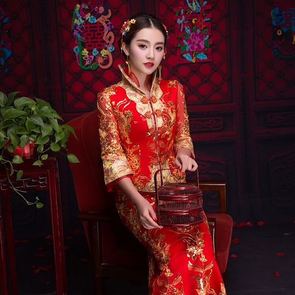 

oriental asian bride beauty chinese traditional wedding dress women red floral long sleeve embroidery cheongsam robe qipao style