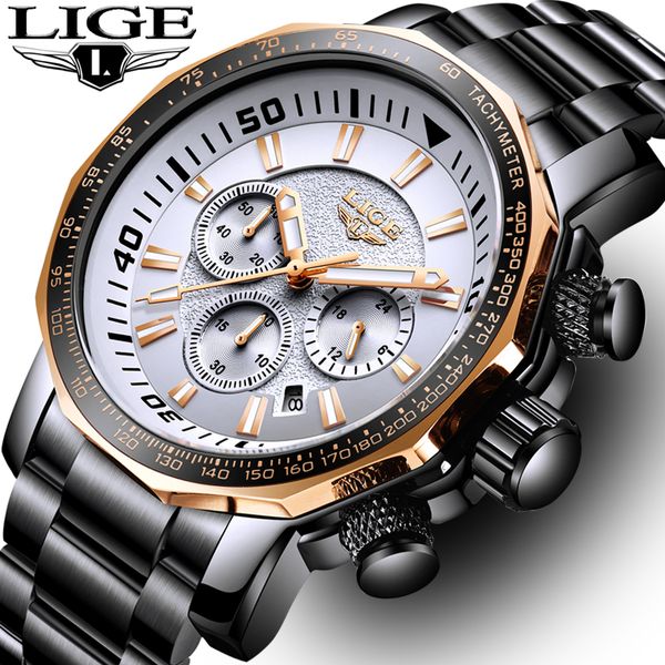

lige fashion brand men watch chronograph full steel business quartz clock sport waterproof watch man relogio masculino, Slivery;brown