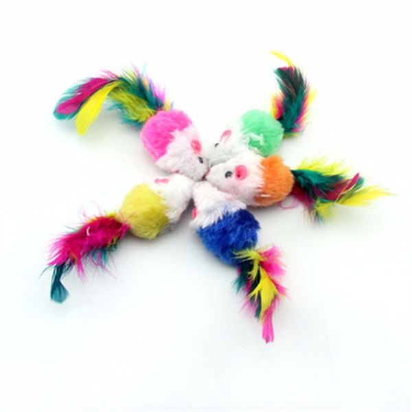 

funny soft fleece false mouse cat toys colorful feather playing kitten toy random color cats kitten mice toys supplies