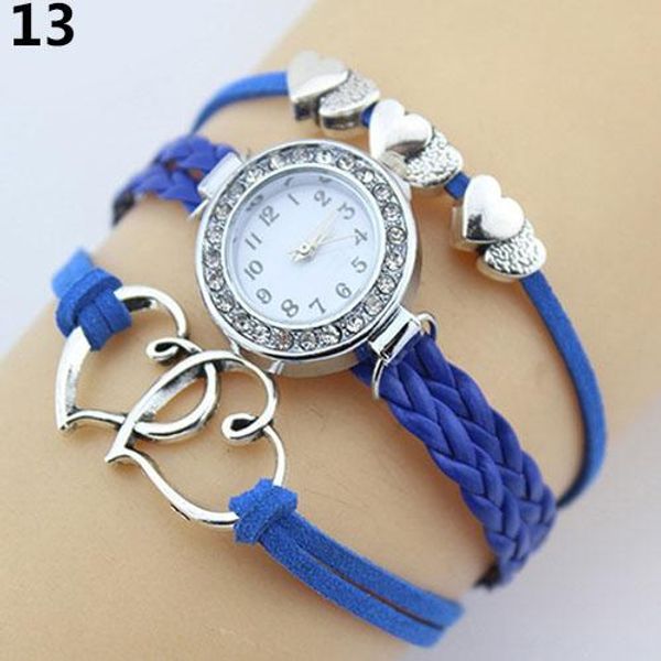 

lady double heart charm multilayer braid faux leather bracelet wrist watches, Slivery;brown