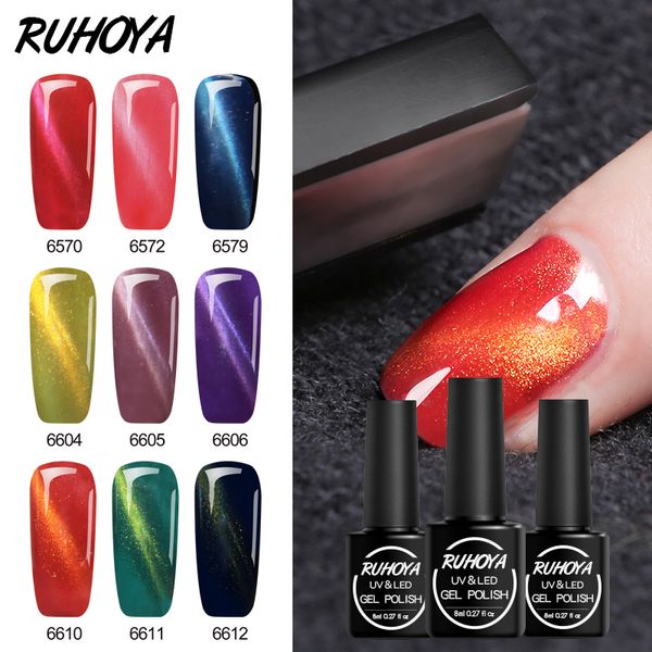 

ruhoya hybrid french manicure 24 colors cat eye nail gel polish soak off uv glitter magnetic lacquer nail art uv gel varnish, Red;pink