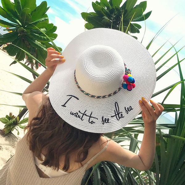 

luoguog 2018 brand letter embroidery cap big brim ladies summer straw hat youth hats for women shade sunhat beach caps leisure, Blue;gray