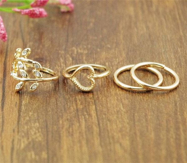 

4pcs /lot shiny punk style stacking midi finger knuckle rings charm leaf ring set for women jewelry, Silver