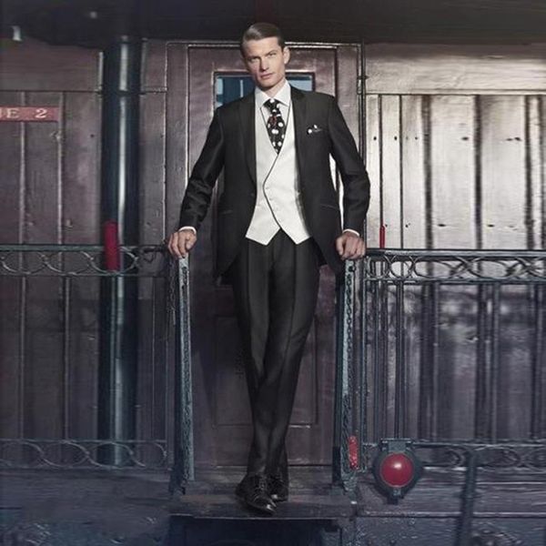 

black men suits weding tuxedos vintage groomsmen wear slim fit bridegroom 3 pieces jacket pants white vest evening party man blazers, Black;gray