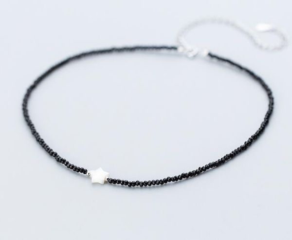 

2mm 100% real. 925 sterling silver fine jewelry geometric-cut black crystal with star choker short necklace pendant gtlx1747