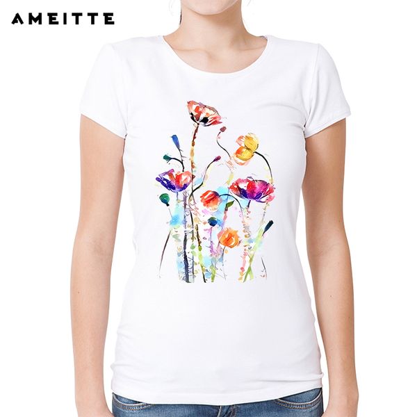 

2018 ameitte fashion art design flowers t shirt summer casual harajuku tees for women white print o-neck t-shirt