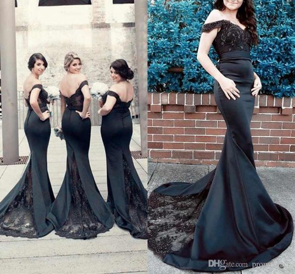 Sirena nera sexy fuori spalla in pizzo applique abiti da ballo per matrimoni cameriera di abiti da damigella d'onore per abiti da damigella d'onore