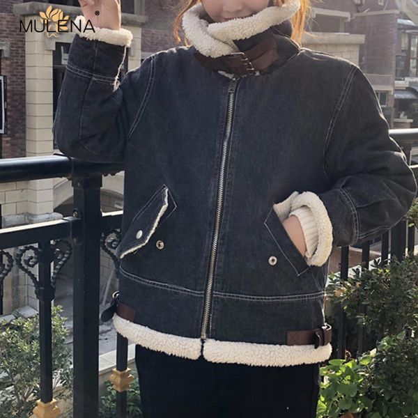 

mulena loose lambs wool women's denim jacket thick solid turn down or standing collar female jacket luxury coat female winter, Black;brown