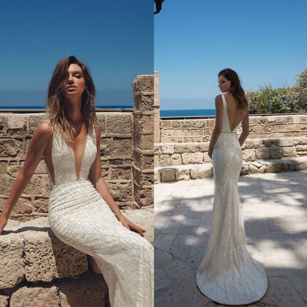 

julie vino 2018 mermaid wedding dresses deep v neck sweep train bridal gowns sequins backless beach wedding dress, White