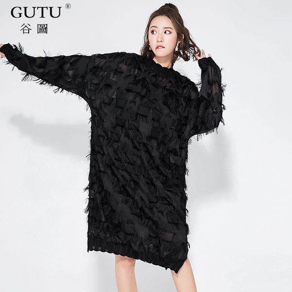 

gutu] 2018 new korean black spring half turtleneck loose long sleeve perspective big size women dress fashion tide fa71101, White;black