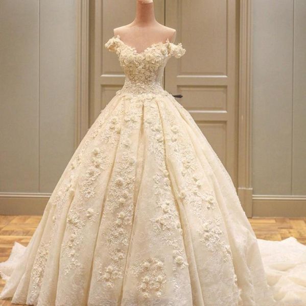 

Luxury Ball Gown Wedding Dresses Lace 3D Appliques Flora Beaded Long Puffy Church Bridal Wedding Gowns Custom Made