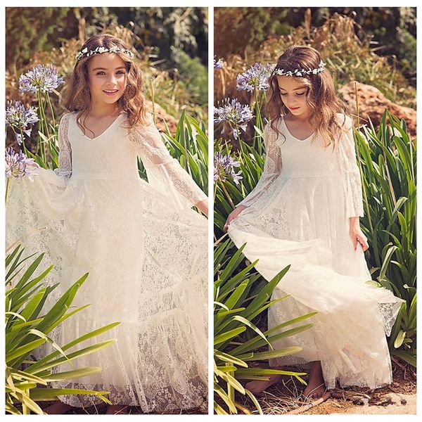 

2021 sale custom lace flower girl dresses white ivory boho first communion dress for little girl v-neck formal kids birthday wear, White;blue