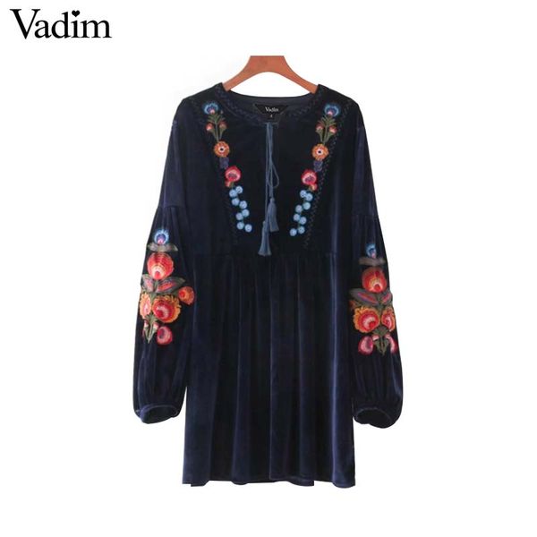 

vadim vintage floral embroidery velvet dress bow tie neck lantern sleeve cute casual tassel loose pleated dresses vestidos, White;black