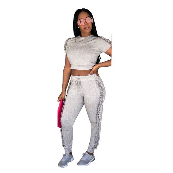 

summer women tracksuits two piece sets fashion casual side ruffle crop and long pants ladies sweat suits regularsuit female, Gray
