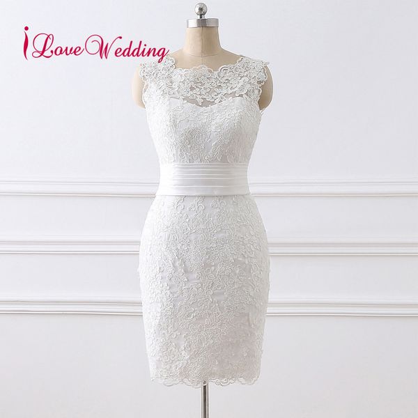 

2018 new fashion short wedding dress sleeveless lace applique bridal gown vestido de novia wedding dresses, White