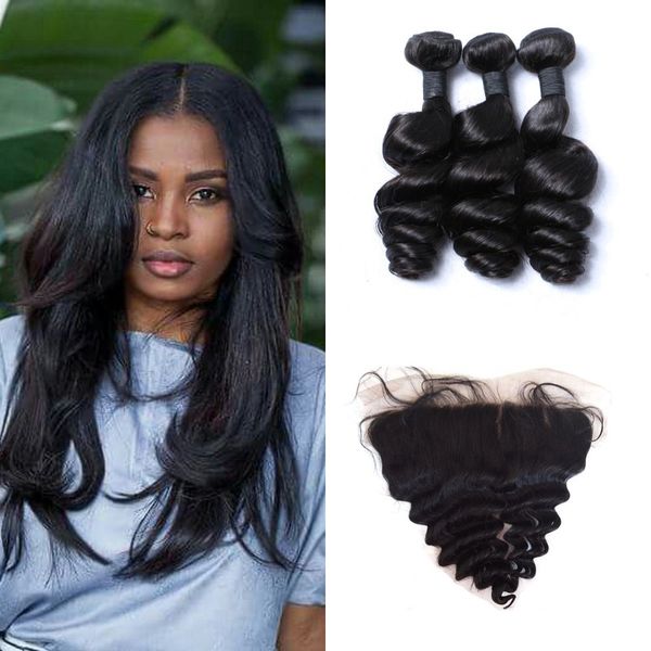 Loose Wave Lace Frontal Closure With 3 Bundles 8 24inch 100