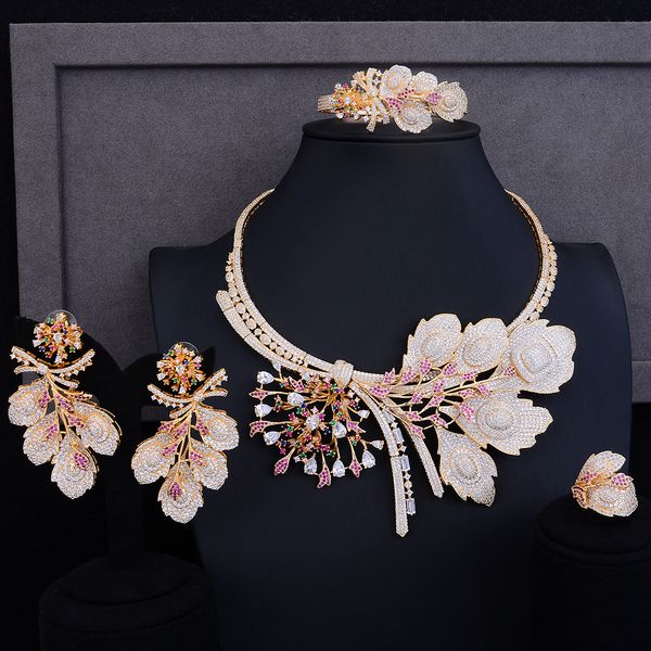 

godki luxury big peacock flower nigerian jewelry set for women wedding zircon crystal cz african bridal jewelry set 2018, Silver