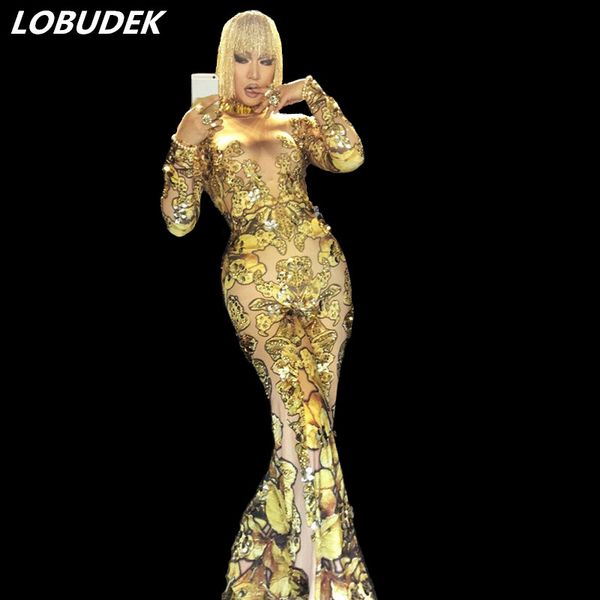 Goldene gelbe glänzende Kristalle Jumpsuit Sparkly Diamant Sexy Strampler Weibliche Sängerin Abschlussball Stage Kostüme Feiern Party Kostümleistung