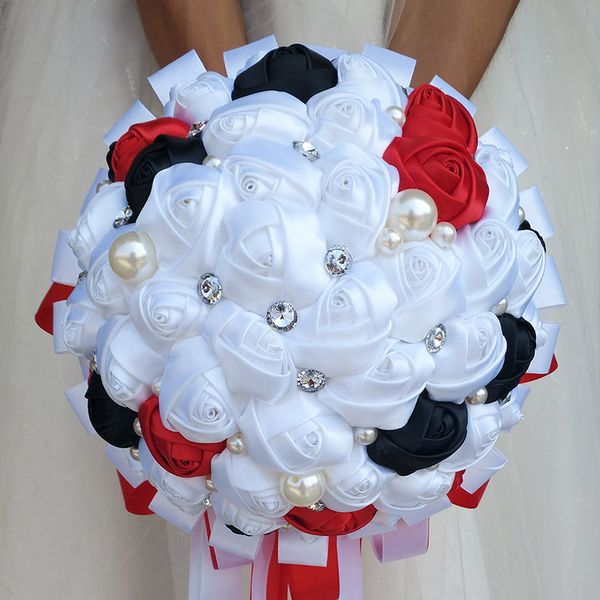Acheter Blanc Rouge Noir Bouquet De Mariage Ruban Tenant Fleur Artificielle Rose Cristal Perle Perlé Bouquet De Mariée Décoration Article 24 Cm