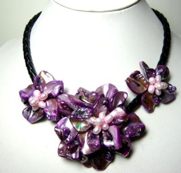 

stunning big handmade baroque shell pearl flower leather necklace 18, Silver