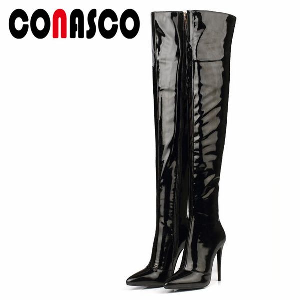

conasco 1fashion women over the knee boots patent leather night club high heels shoes autumn winter warm pointed toe shoes woman, Black