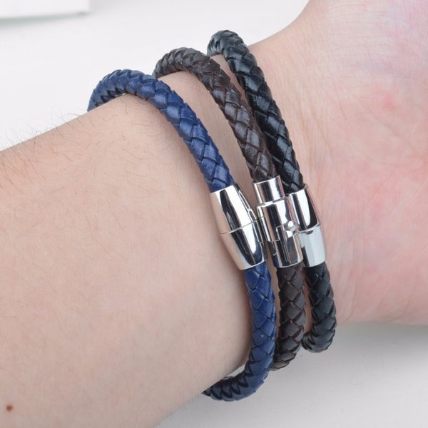 

men magnetic buckle bracelet simple casual leather hand-rope individuality chic handmade birthday presents boys bracelets, Golden;silver