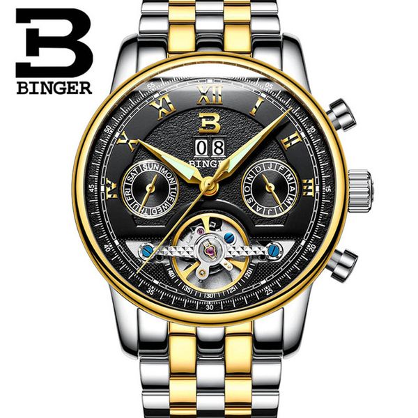 

binger tourbillion black golden wave dial fashion casual design men watch brand mechanical automatic wrist watch for men, Slivery;brown