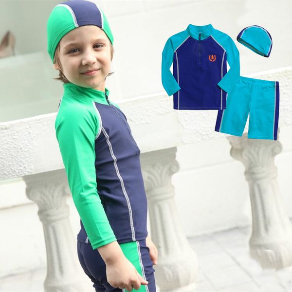 

kids swimwear 2-10t baby boys swimwear sets with cap three-piece suit boys long sleeves diving surfing clothing boys bathing suits la789-2, Blue