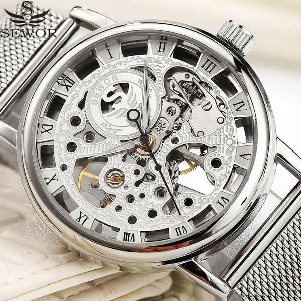 

mechanical watch silver fashion stainless steel mesh strap men skeleton watches male wristwatch, Slivery;brown