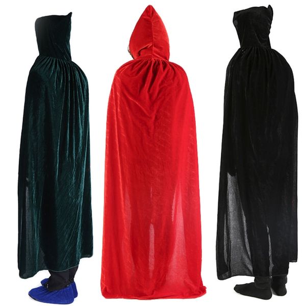 

velvet solid color long hooded cloak halloween christmas costume party cape role play fancy dress robe, Black;red
