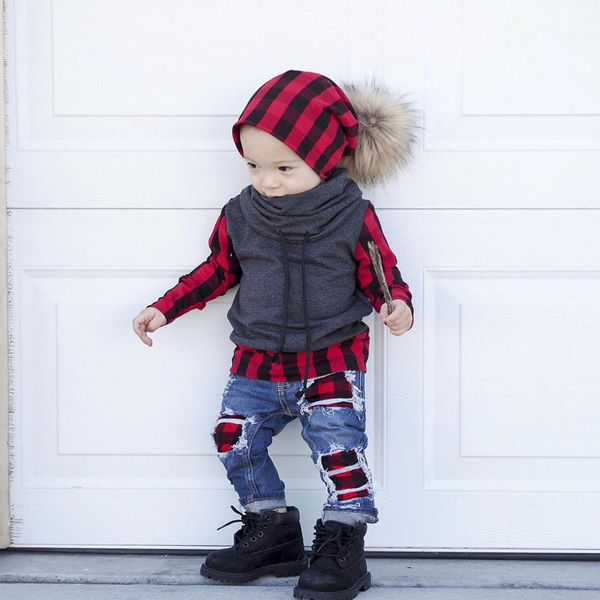 

brand new 2 pieces sert kids baby boy plaid pullover t shirt denim hole hip pop jeans pants leggings 2pcs outfit clothes, White