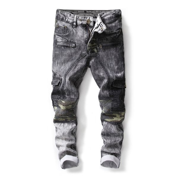 

2018 men's camouflage fake zippers patchwork jeans ripped gray biker denim jeans for men straight slim night club denim trousers, Blue