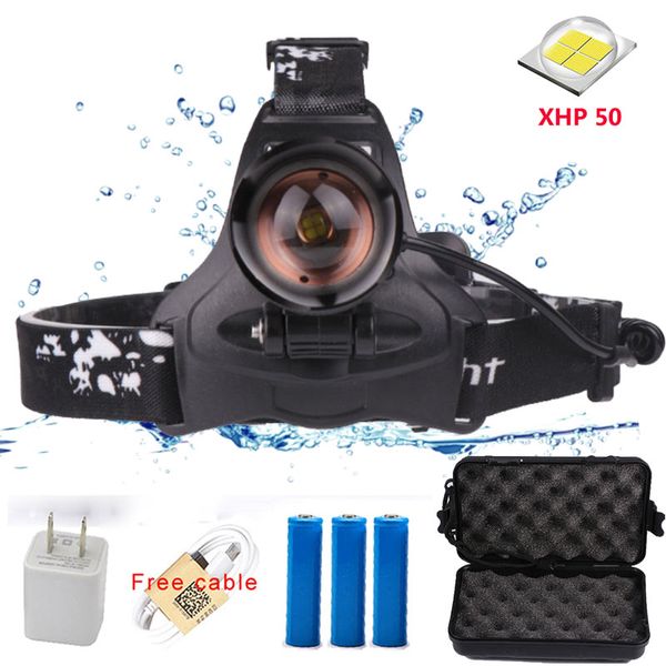 40 W Chip XHP50 LED-Scheinwerfer, 4000 Lumen, Zoom-Stirnlampe, helle Taschenlampe für Camping, Jagd, 3 x 18650