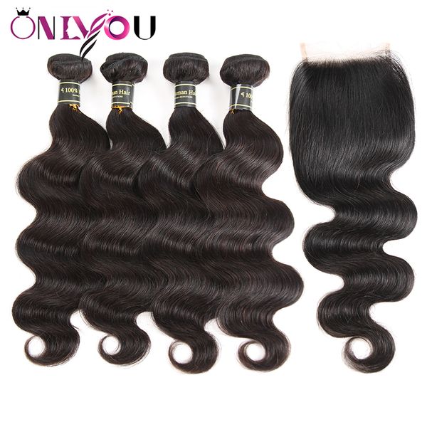 Chiusura brasiliana dell'onda del corpo con pacchi Wet and Wavy Body Weave 4 pacchi con chiusura in pizzo per capelli umani Offerte di capelli vergini non trattati