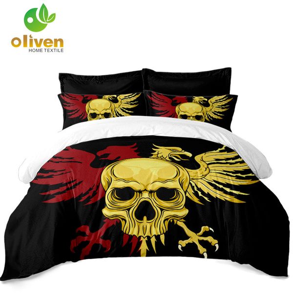 Golden Skull Bedding Set Double Headed Eagle King Queen Bedding Cover Luxury Duvet Cover Pillowcase Home Decor Bedclothes D49 Comforter Sets Queen