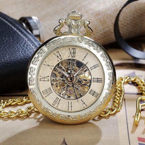 

new luxury steampunk skeleton vintage mechanical pocket watches hand-wind roman numerals fob chain clock men women gold gift, Slivery;golden