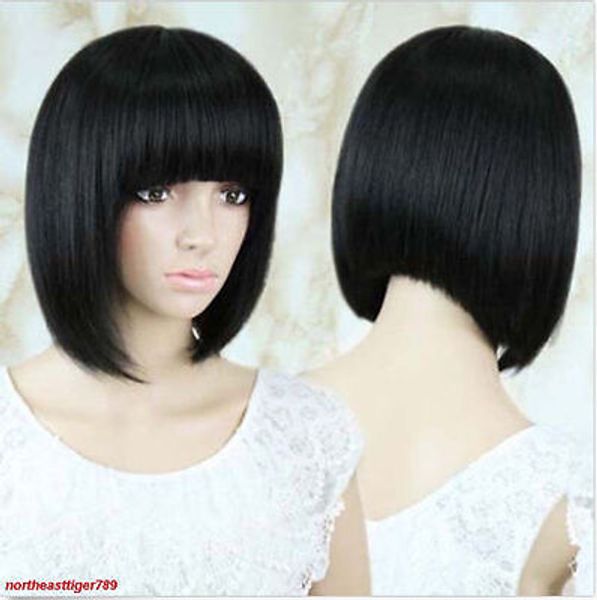 

women fashion black short straight bangs heat resistant synthetic hair wigs, Black;brown