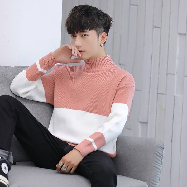 

men's turtleneck hit color patchwork male sweaters autumn winter long sleeve pullover knitted sweaters for men, White;black