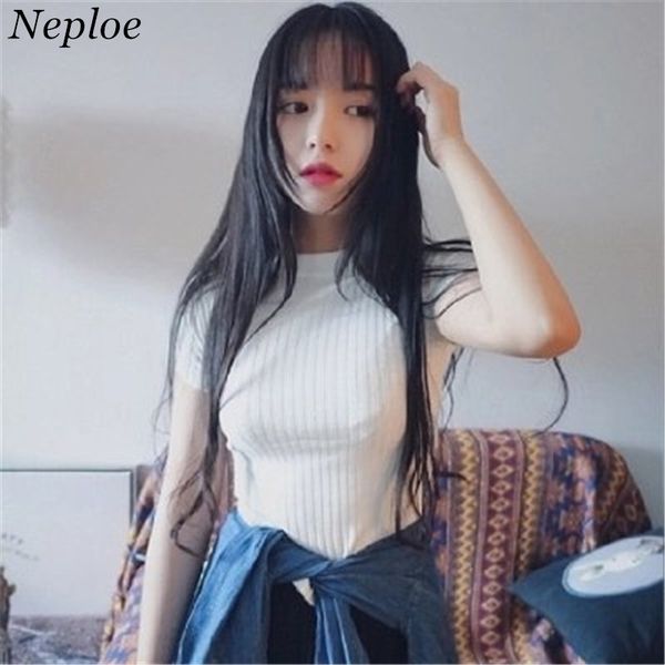 

neploe solid korean new fashion knied women t shirt summer short sleeve slim t-shirt o-neck ladies t-shirts 65217, White