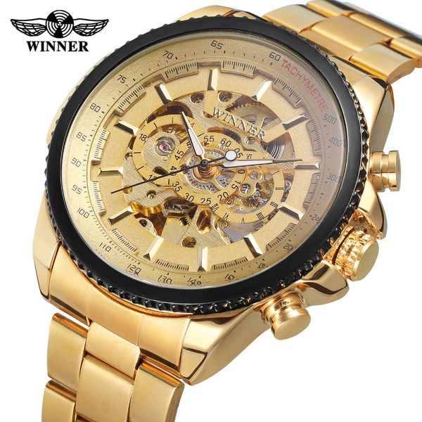 

gold winner men watch cool mechanical automatic wristwatch stainless steel band male clock skeleton roman dial, Slivery;brown