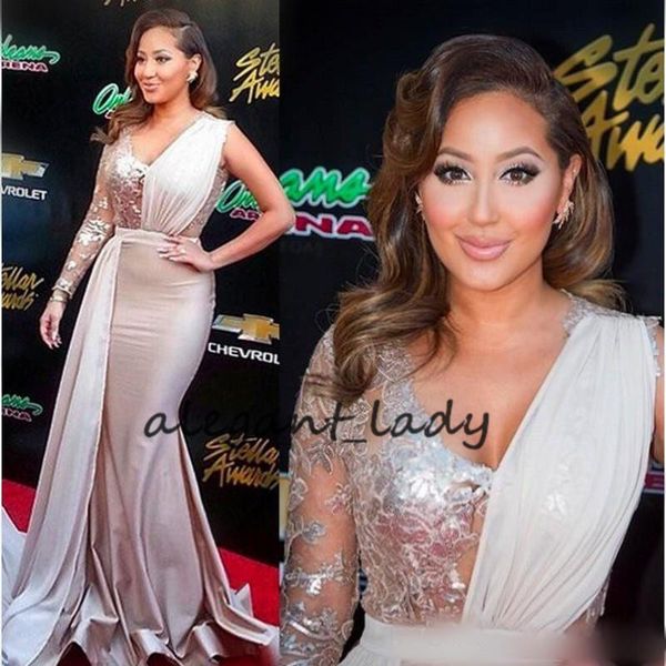 

2018 русалка знаменитости платья выпускного вечера adrienne bailon один рукав v шеи блестки бисером суд поезд реальные фотографии вечерние п, Black