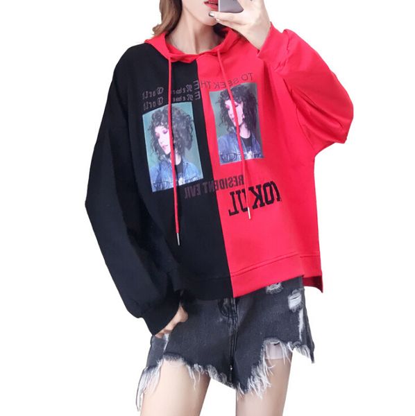 

New Women Hooded Sweatshirts Autumn Fashion Contrast Color Long Sleeve Pullover Printed Hip Hop Loose Hoodies for Female