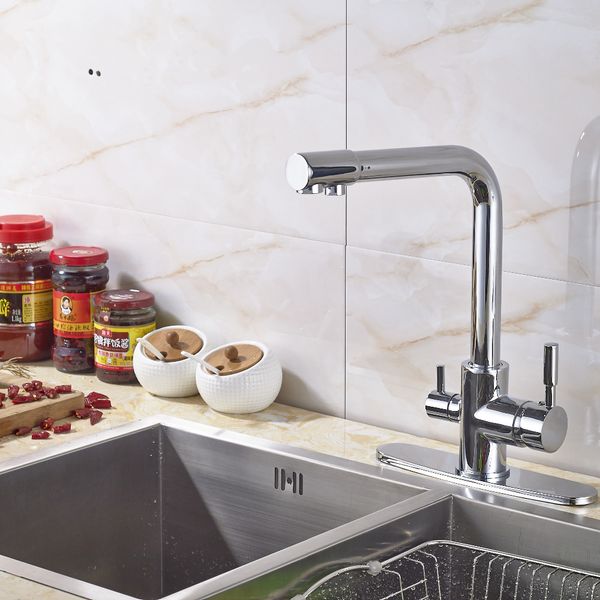 

newly arrival chrome polish kitchen dual spouts faucet mixer tap dual handles deck mounted